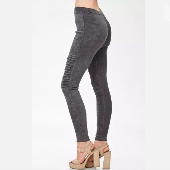 Gray Faux Suede Moto Stretch Casual Leggings - Picture 7 of 8